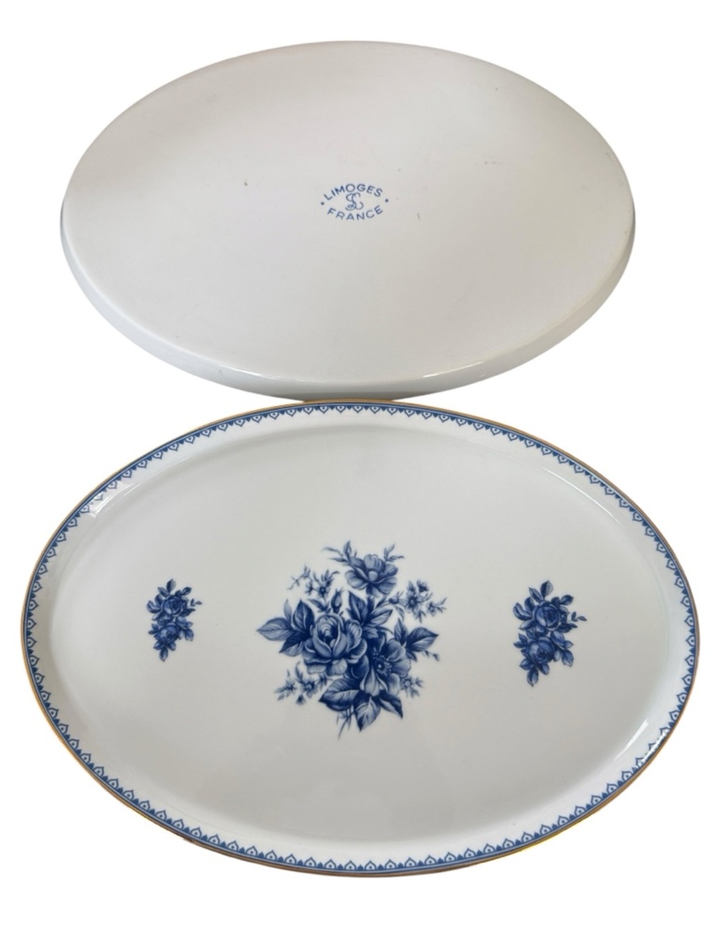 Limoges France Blue Floral Oval Serving Platters Set of 2 Gold Trim - Picture 2 of 6
